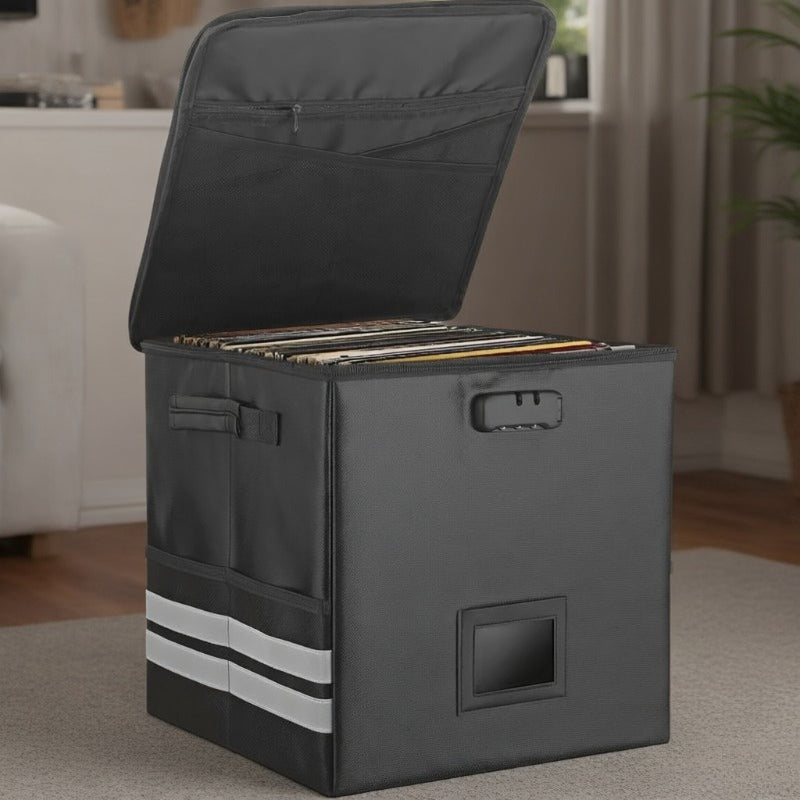 62pcs Foldable LP Organizer - Lockable Fire-Resistant Plastic Box with Reflective Strips -Recordshaven