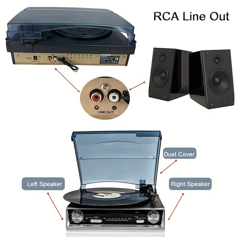 3-Speed Belt-Driven Vintage Turntable - Built-in Speakers, FM Radio, 3.5mm/Line Out + 2 Belts & 2 Styli -Recordshaven
