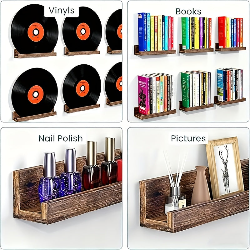 12-Inch Wall-Mounted Floating LP Shelf - Rustic Brown Wooden Display Rack -Recordshaven