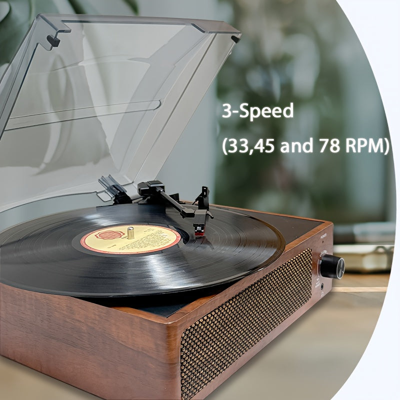 Walnut Vintage Wireless Turntable - 3-Speed, Stereo Speakers, RCA/Earphone Out + 2 Cartridges & 2 Belts -Recordshaven