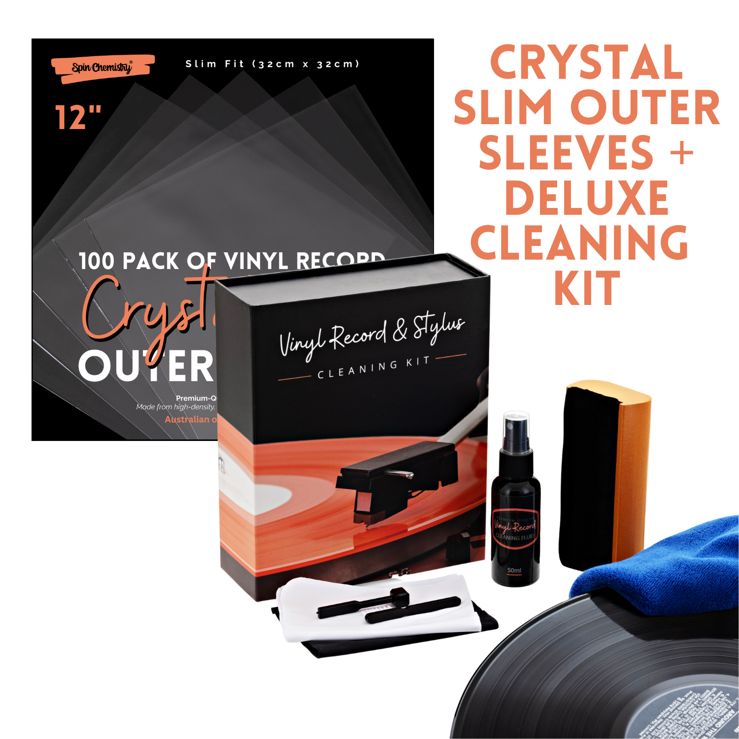 [BUNDLE] 100 Pack Crystal Slim 12" Outer Sleeves + Complete Cleaning Kit