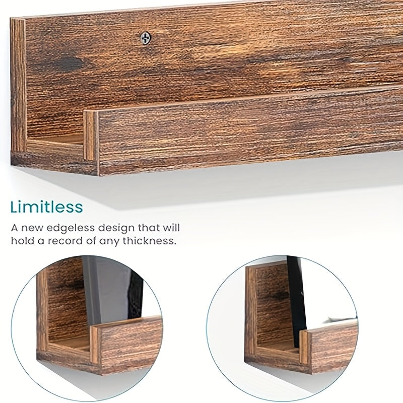 12-Inch Wall-Mounted Floating LP Shelf - Rustic Brown Wooden Display Rack -Recordshaven