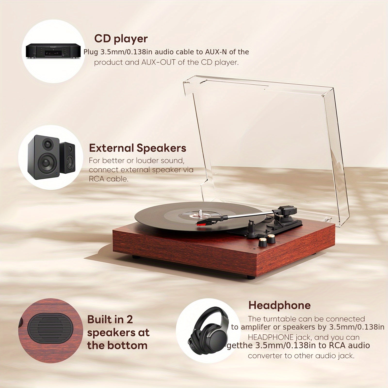 Maio E300 UK Vintage Gramophone - 3-Speed Hi-Fi Turntable, 3.5mm Output & External Speaker Compatibility -Recordshaven