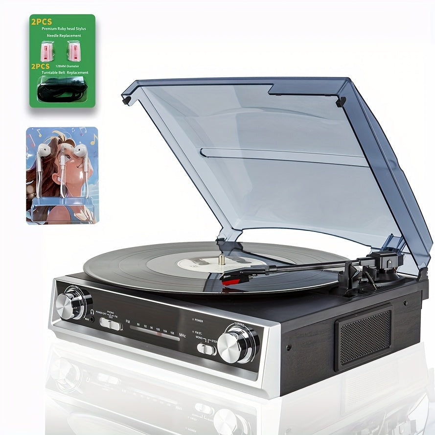 Vintage Vinyl Player - Belt-Drive, FM Radio, Line/3.5mm Out + 2 Ruby Needles, 2 Belts & 3.5mm Wired Earbuds -Recordshaven