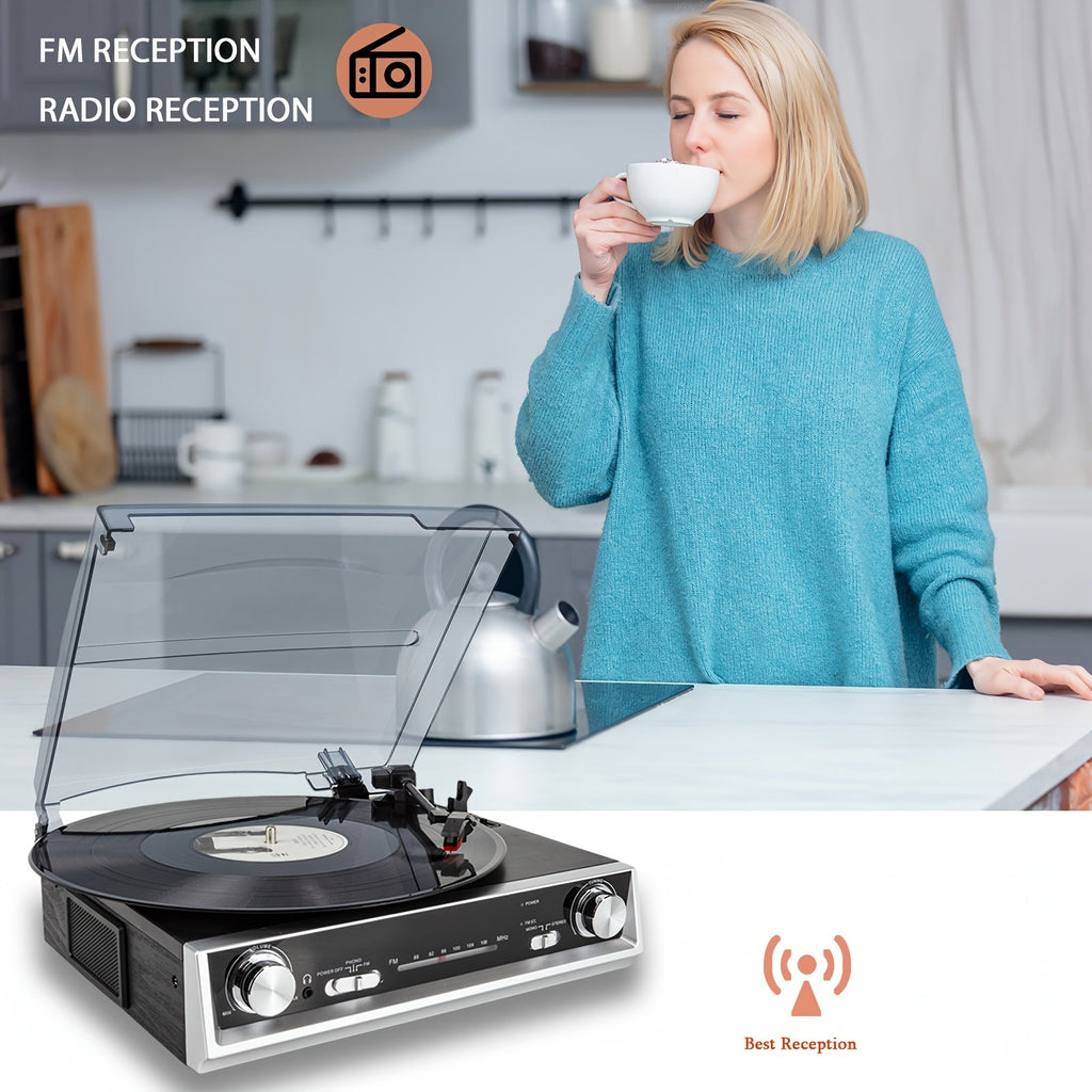 Full-Function Retro Phonograph - Belt-Drive, FM/Radio, Line/Headphone Out & Regenerated Wood Cabinet -Recordshaven
