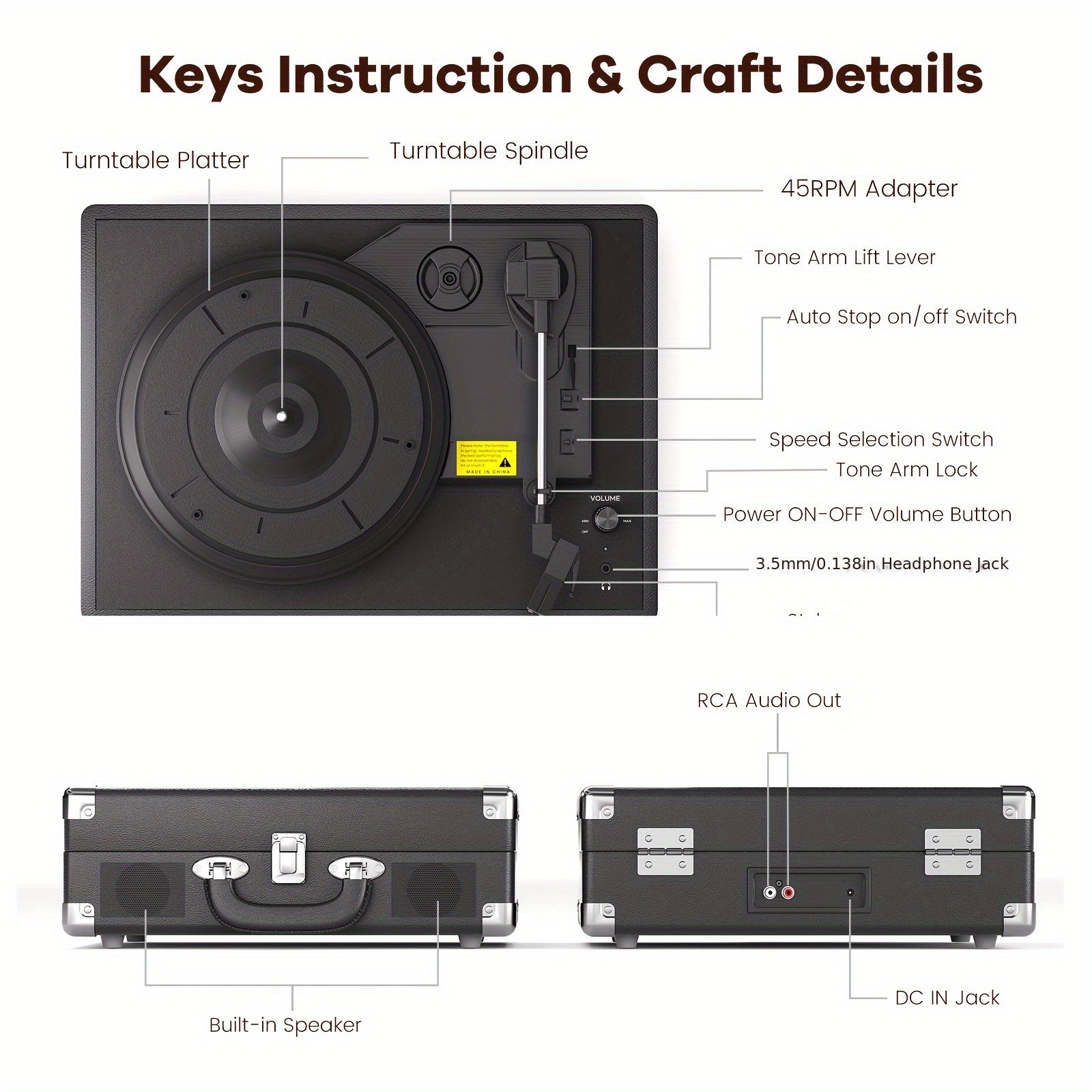 Maio C210 Retro Gramophone - Carry Handle, External Speaker Compatible, Heavy-Duty Wood (Home/Parties) -Recordshaven