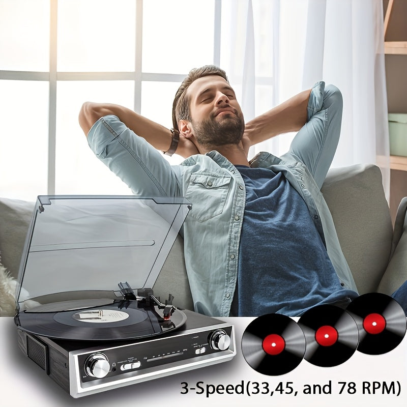Vintage Vinyl Player - 3-Speed, FM Radio, Line/Headphone/3.5mm Out + 128mm Belts & Ruby Tip Styluses -Recordshaven