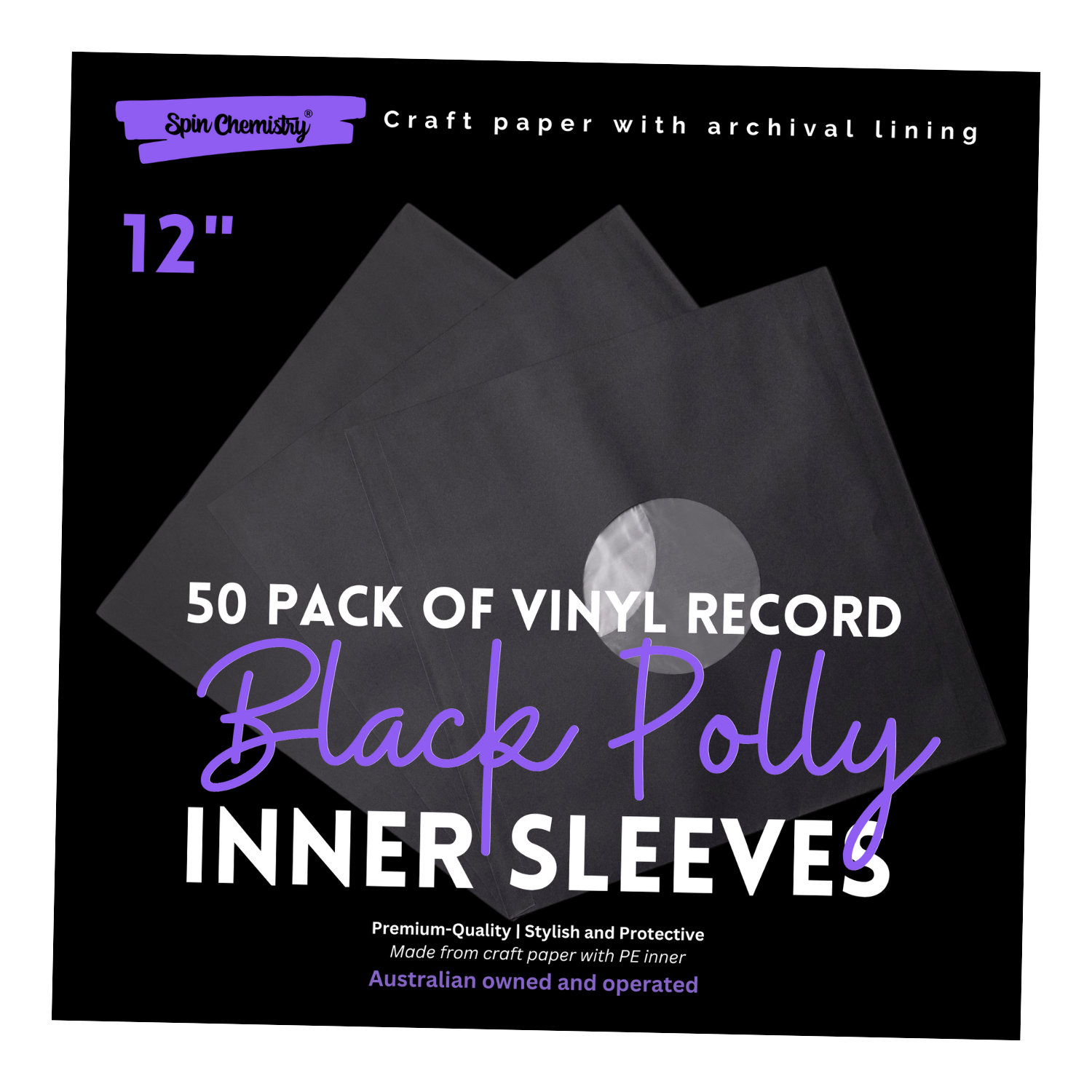 50 Pack of Craft Paper Record Inner Sleeves with Archival Poly Inner Lining (Black)
