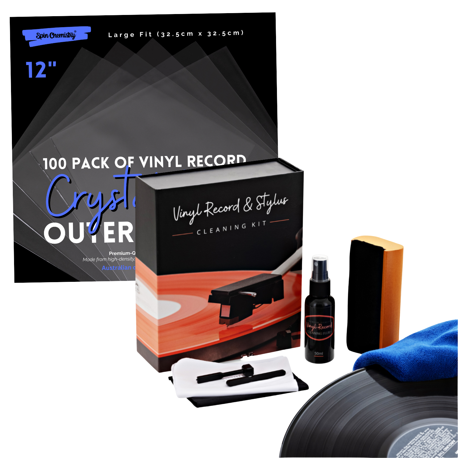 [BUNDLE] 50 Pack 12" Crystal Plus Outer Sleeves + Complete Record Cleaning Kit