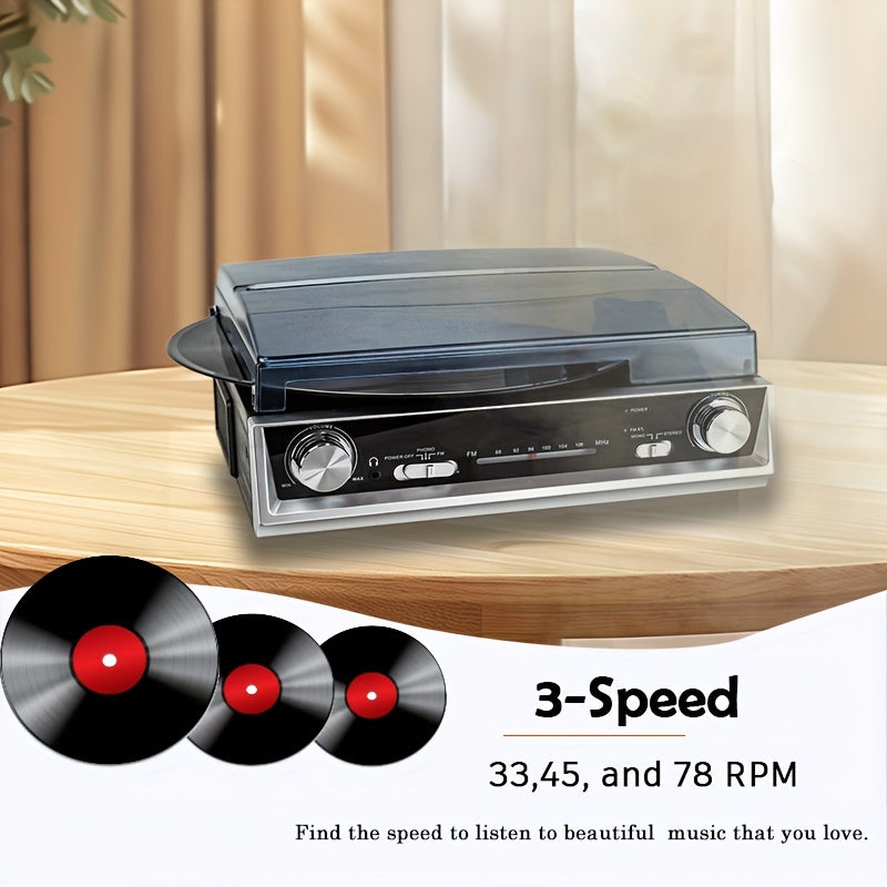 3-Speed Belt-Driven Vintage Turntable - Built-in Speakers, FM Radio, 3.5mm/Line Out + 2 Belts & 2 Styli -Recordshaven