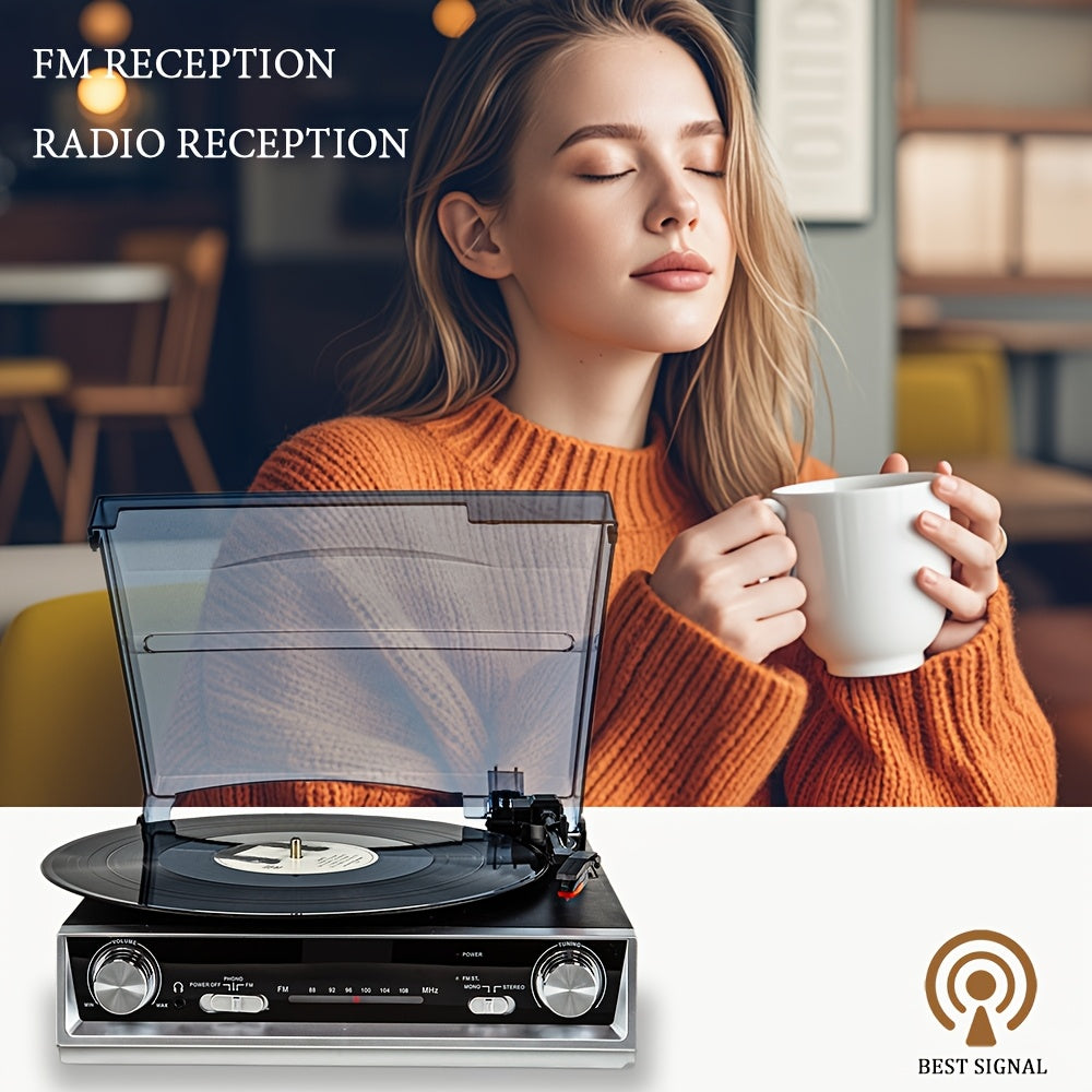 3-Speed Belt-Driven Vintage Turntable - Built-in Speakers, FM Radio, 3.5mm/Line Out + 2 Belts & 2 Styli -Recordshaven