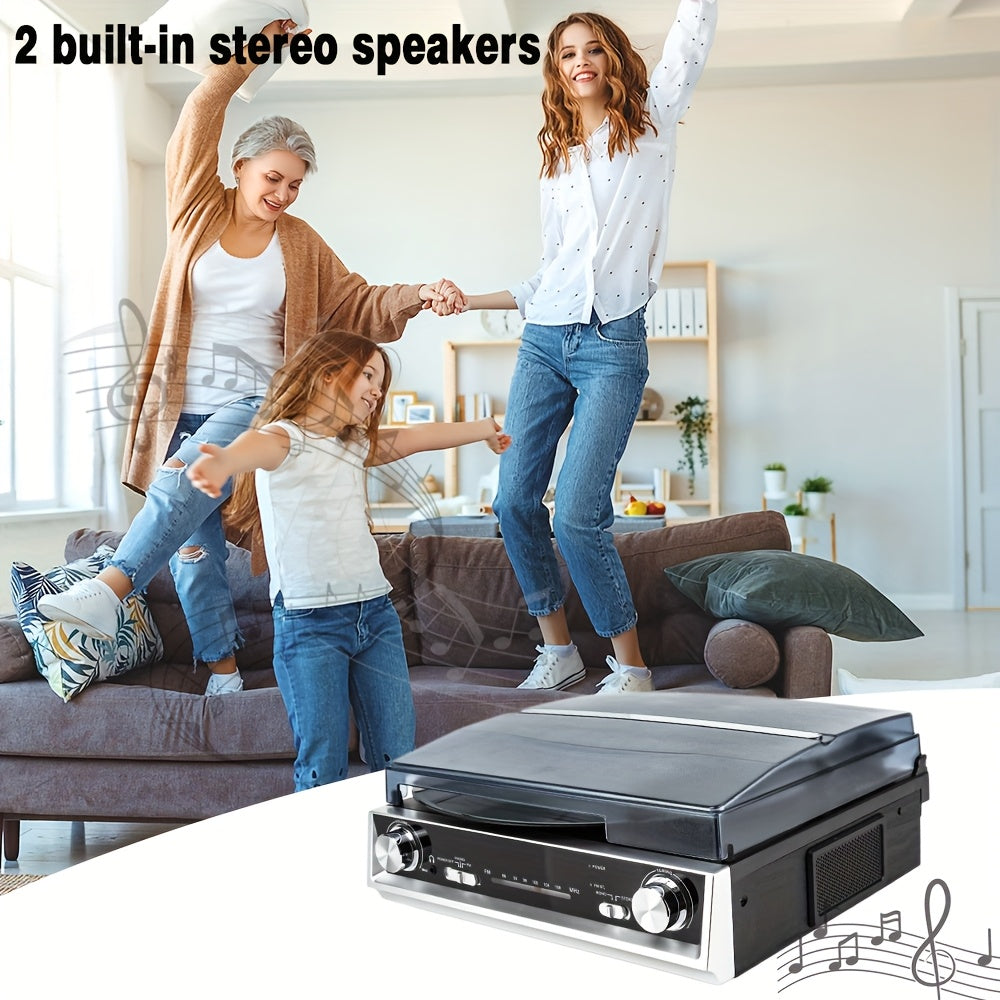 3-Speed Belt-Driven Vinyl Record Player - Regenerated Wood Cabinet, FM Radio & Multiple Audio Ports -Recordshaven