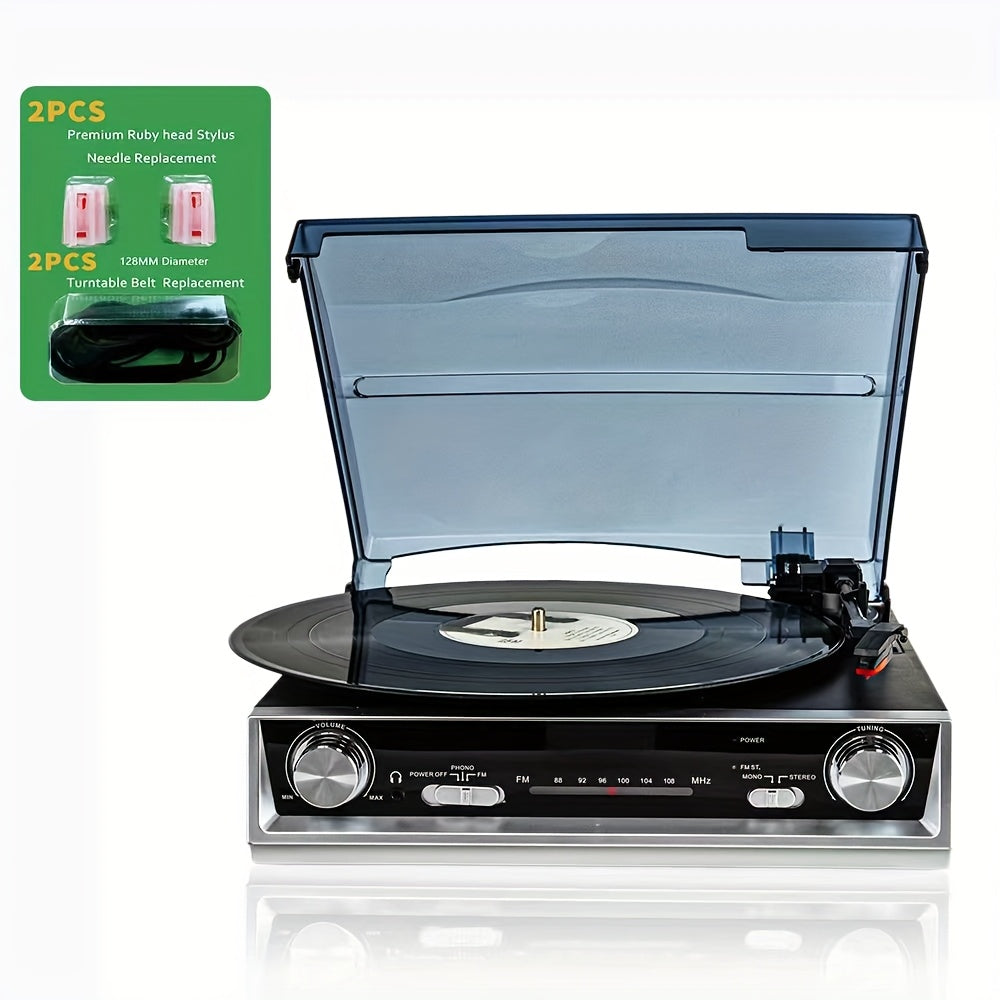 Retro Vinyl Record Player - FM Reception, 3.5mm/Line/Headphone Jacks, Bonus Replacement Belt & Stylus Kit -Recordshaven