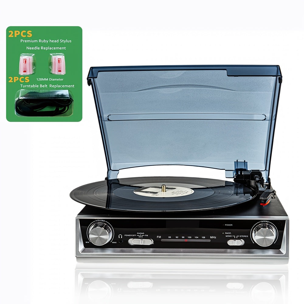 3-Speed Belt-Driven Vintage Turntable - Built-in Speakers, FM Radio, 3.5mm/Line Out + 2 Belts & 2 Styli -Recordshaven