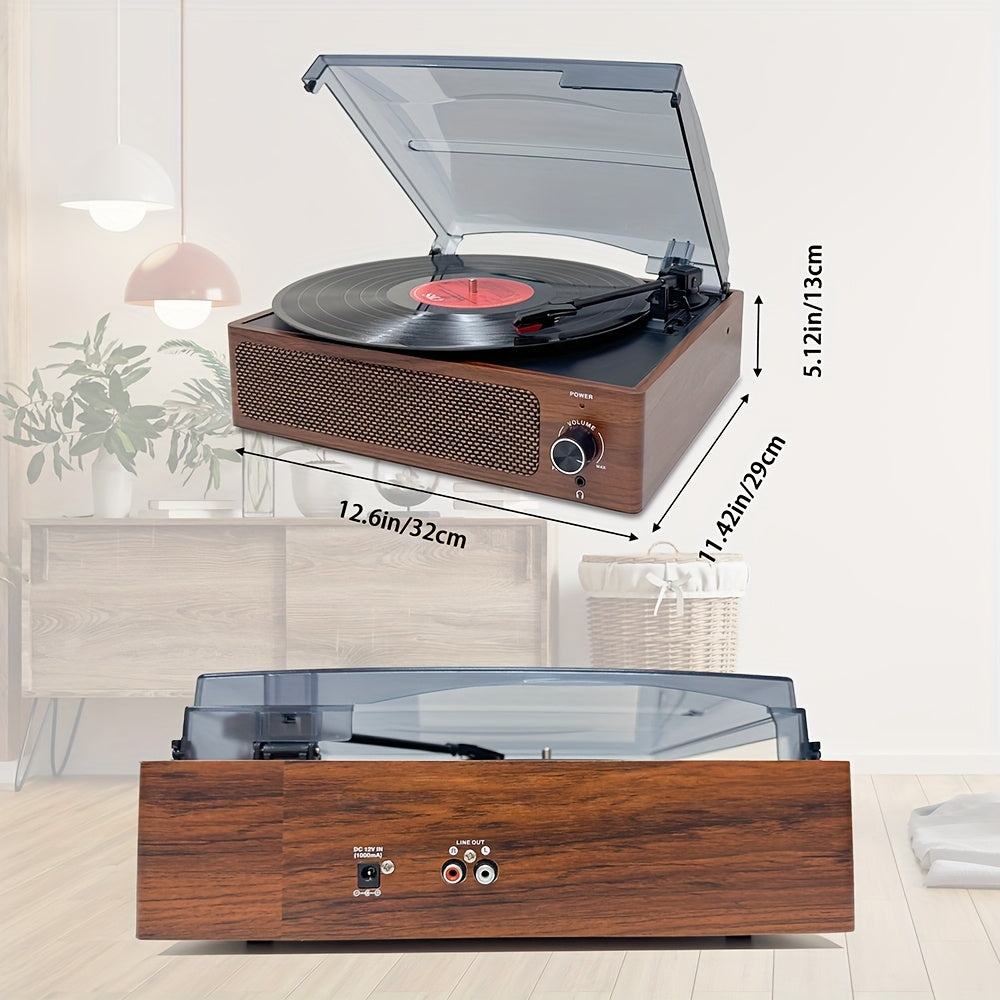 Walnut Vintage 3-Speed Turntable - Built-in Stereo Speakers, RCA Out/Earphone Jack + 3.5mm Wired Headphones -Recordshaven