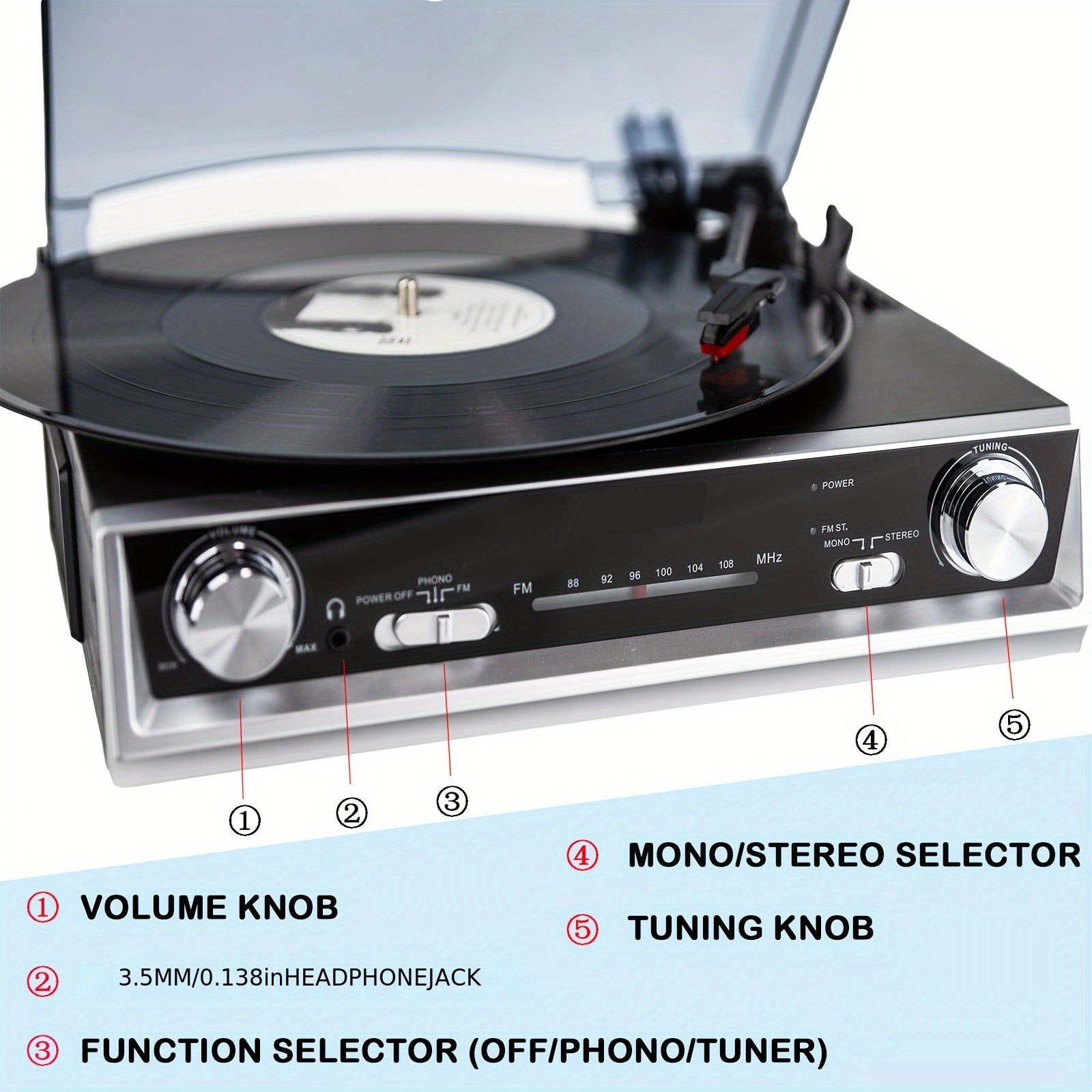 Retro Wooden Belt-Driven Record Player - 3-Speed, FM Radio, Headphone/Line Out (Ideal Valentine’s Gift) -Recordshaven