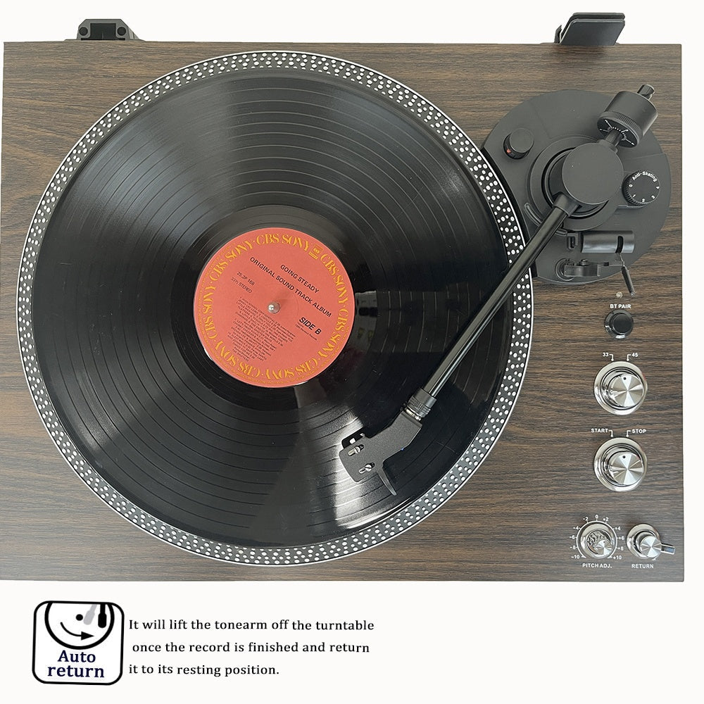 Walnut Vintage Belt-Driven Turntable - Wireless Audio, 33/45 RPM, Preamp, Aluminium Platter & RCA Line Out -Recordshaven